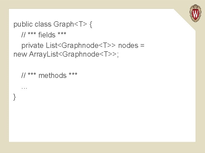 public class Graph<T> { // *** fields *** private List<Graphnode<T>> nodes = new Array.