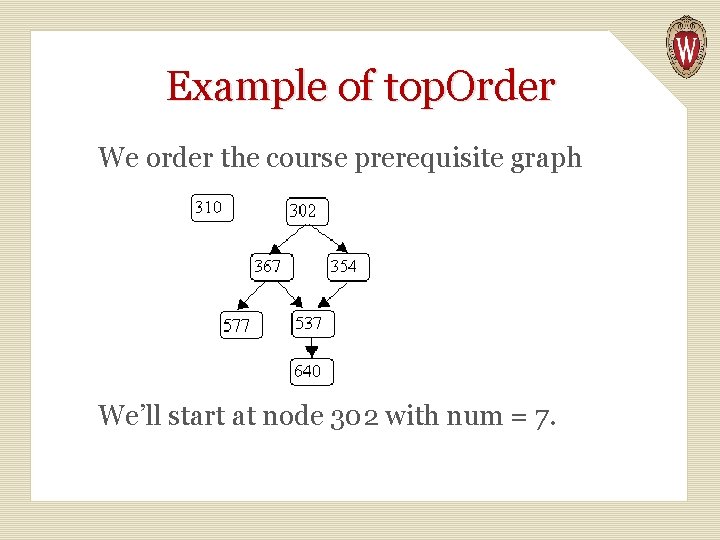 Example of top. Order We order the course prerequisite graph We’ll start at node