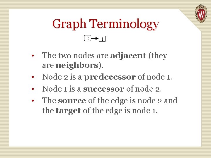 Graph Terminology The two nodes are adjacent (they are neighbors). • Node 2 is