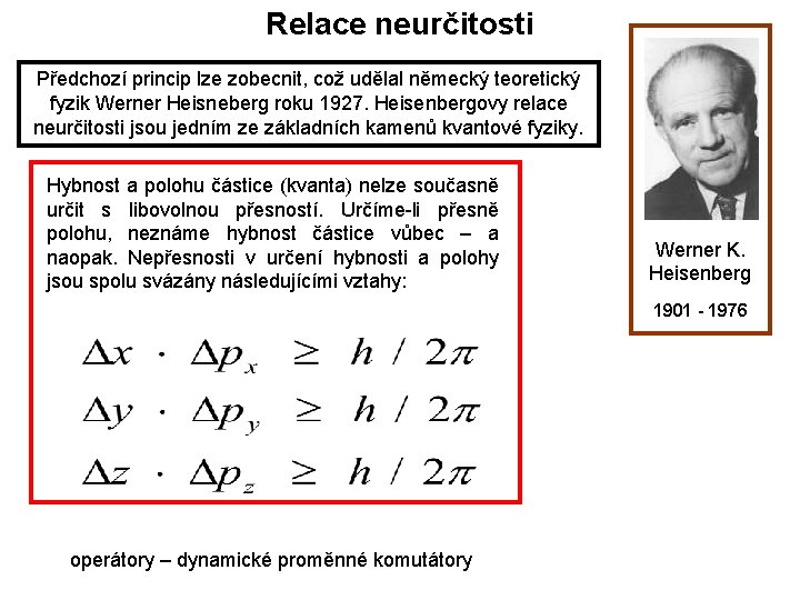 Relace neurčitosti Předchozí princip lze zobecnit, což udělal německý teoretický fyzik Werner Heisneberg roku