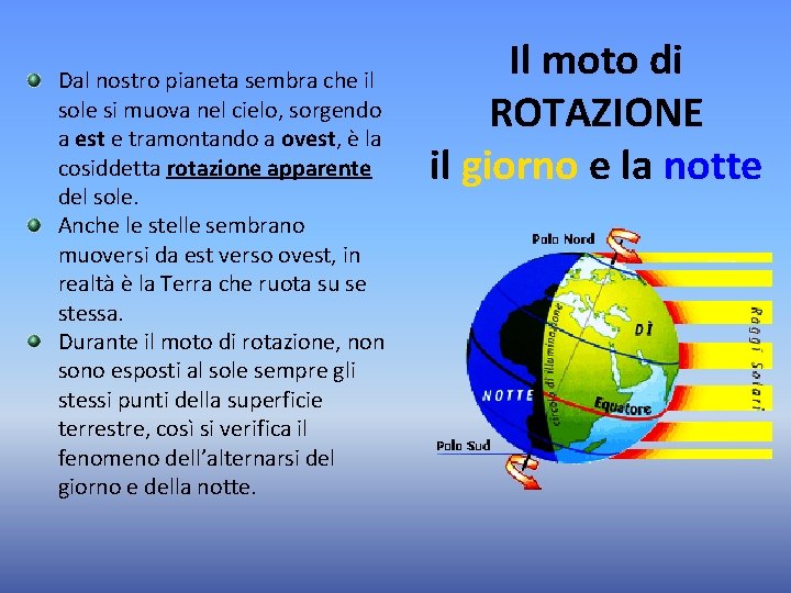 Dal nostro pianeta sembra che il sole si muova nel cielo, sorgendo a est Dal nostro pianeta sembra che il sole si muova nel cielo, sorgendo a est