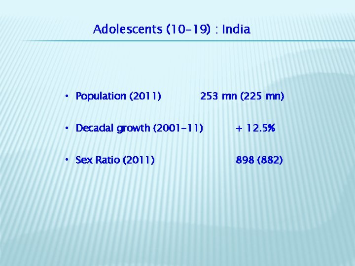 Adolescents (10 -19) : India • Population (2011) 253 mn (225 mn) • Decadal