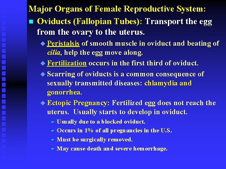 Major Organs of Female Reproductive System: n Oviducts (Fallopian Tubes): Transport the egg from