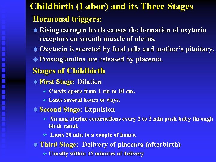 Childbirth (Labor) and its Three Stages Hormonal triggers: u Rising estrogen levels causes the