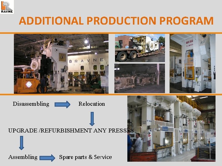 ADDITIONAL PRODUCTION PROGRAM Disassembling Relocation UPGRADE /REFURBISHMENT ANY PRESSES Assembling Spare parts & Service