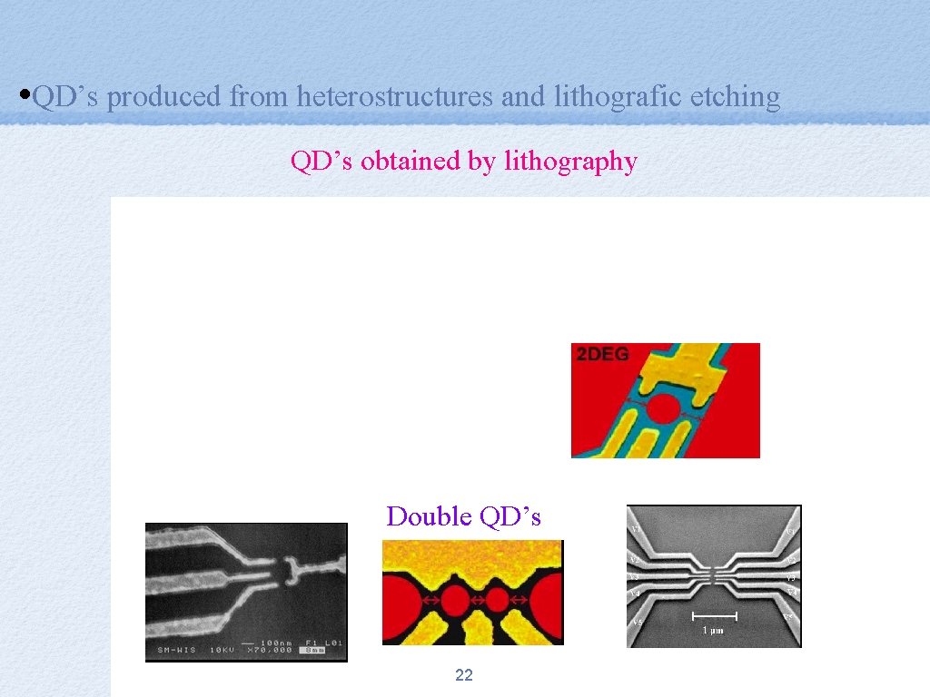  • QD’s produced from heterostructures and lithografic etching QD’s obtained by lithography Double
