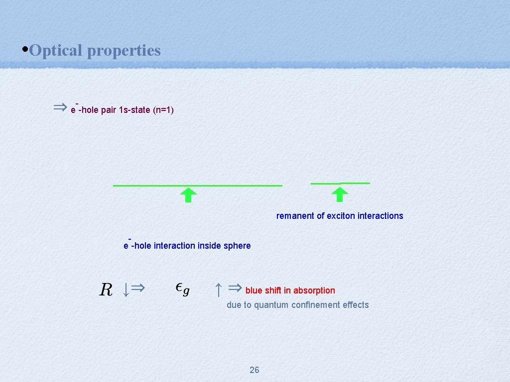  • Optical properties ⇒ e--hole pair 1 s-state (n=1) remanent of exciton interactions