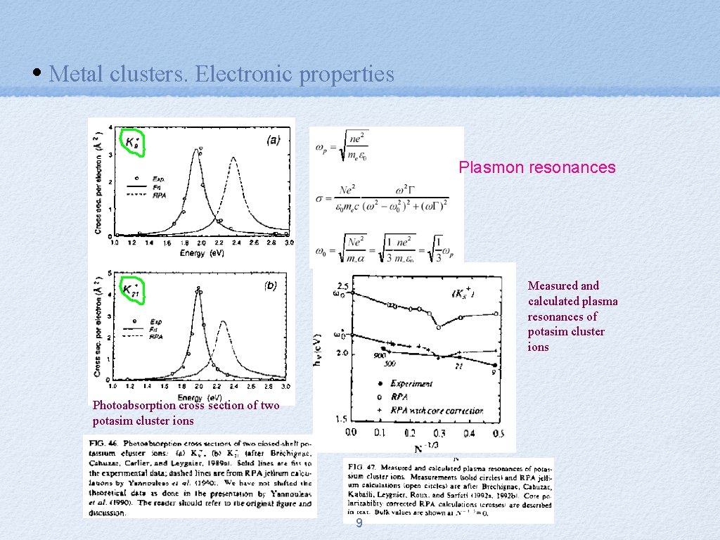  • Metal clusters. Electronic properties Plasmon resonances Measured and calculated plasma resonances of