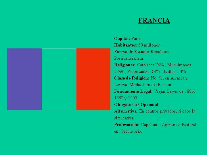 FRANCIA Capital: París. Habitantes: 60 millones. Forma de Estado: República Presidencialista. Religiones: Católicos 76%