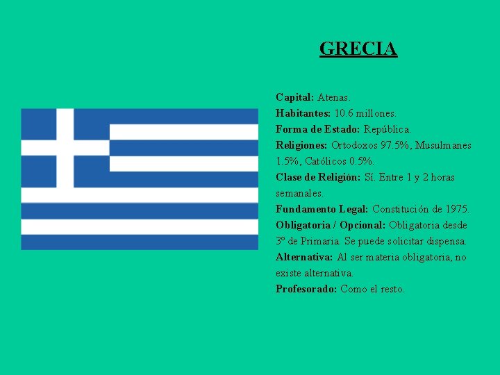 GRECIA Capital: Atenas. Habitantes: 10. 6 millones. Forma de Estado: República. Religiones: Ortodoxos 97.
