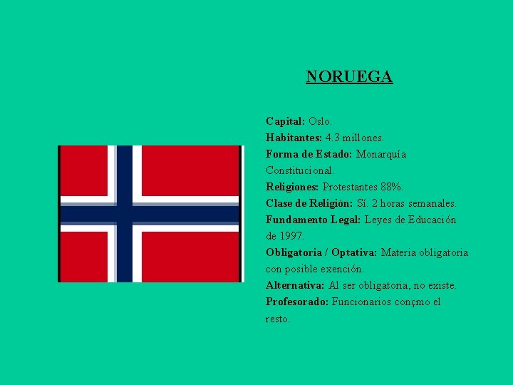 NORUEGA Capital: Oslo. Habitantes: 4. 3 millones. Forma de Estado: Monarquía Constitucional. Religiones: Protestantes