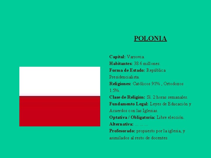 POLONIA Capital: Varsovia. Habitantes: 38. 6 millones. Forma de Estado: República Presidencialista. Religiones: Católicos