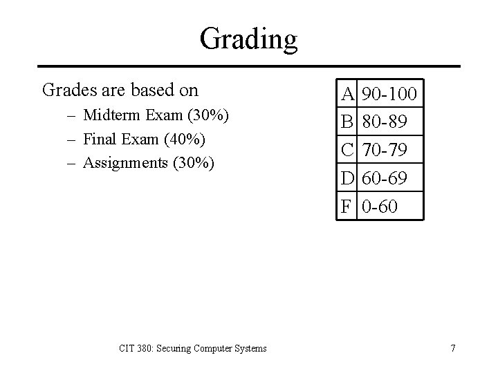 Grading Grades are based on – Midterm Exam (30%) – Final Exam (40%) –