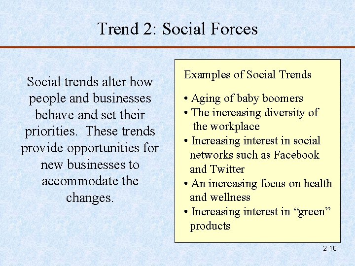 Trend 2: Social Forces Social trends alter how people and businesses behave and set
