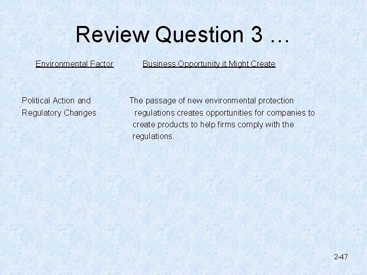 Review Question 3 … Environmental Factor Business Opportunity it Might Create Political Action and