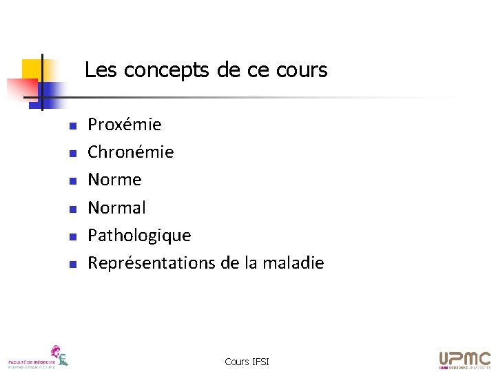 Les concepts de ce cours n n n Proxémie Chronémie Normal Pathologique Représentations de