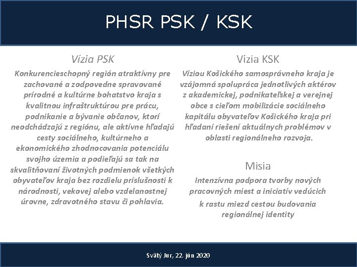 PHSR PSK / KSK Vízia PSK Konkurencieschopný región atraktívny pre Víziou Košického samosprávneho kraja