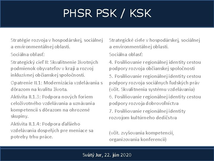 PHSR PSK / KSK Stratégie rozvoja v hospodárskej, sociálnej a environmentálnej oblasti. Sociálna oblasť: