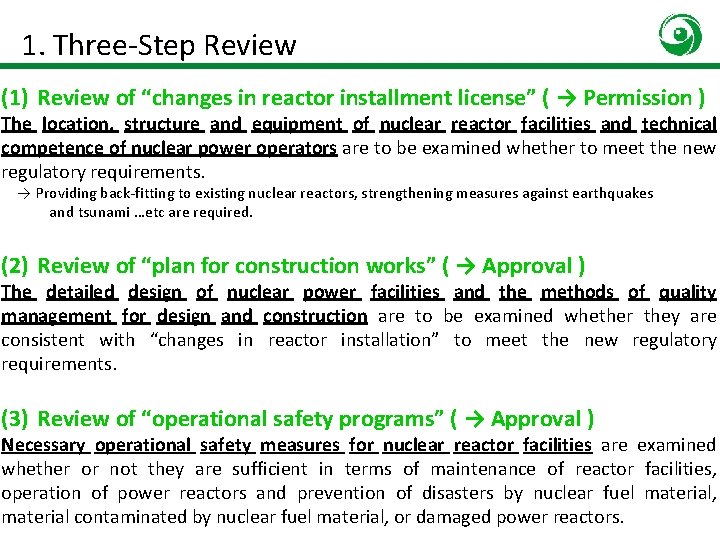 1. Three-Step Review (1) Review of “changes in reactor installment license” ( → Permission