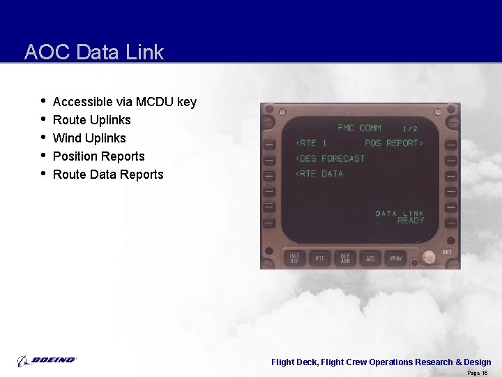 AOC Data Link • • • Accessible via MCDU key Route Uplinks Wind Uplinks