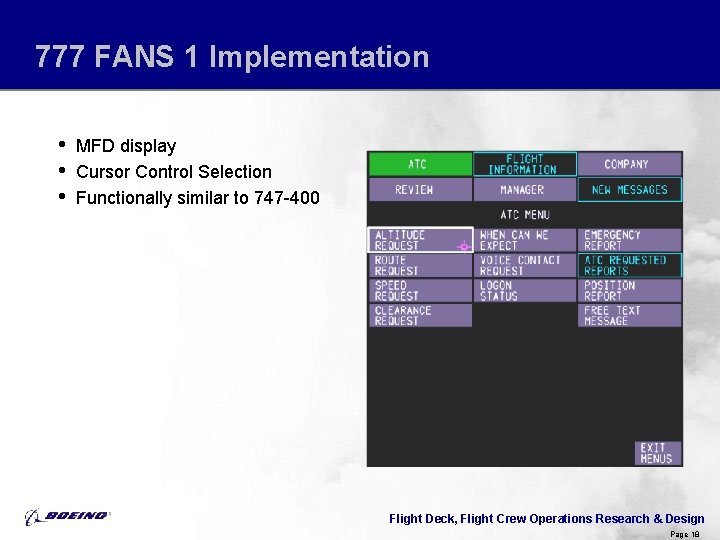 777 FANS 1 Implementation • • • MFD display Cursor Control Selection Functionally similar