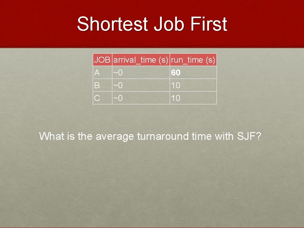 Shortest Job First JOB arrival_time (s) run_time (s) A ~0 60 B ~0 10