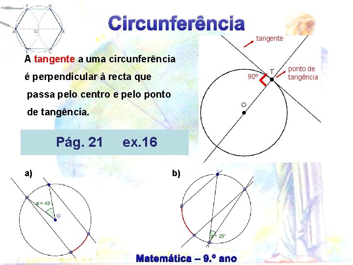 Circunferência tangente A tangente a uma circunferência é perpendicular à recta que 90º passa