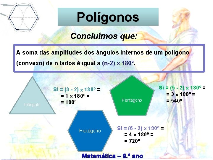 Circunferência Polígonos Concluímos que: A soma das amplitudes dos ângulos internos de um polígono