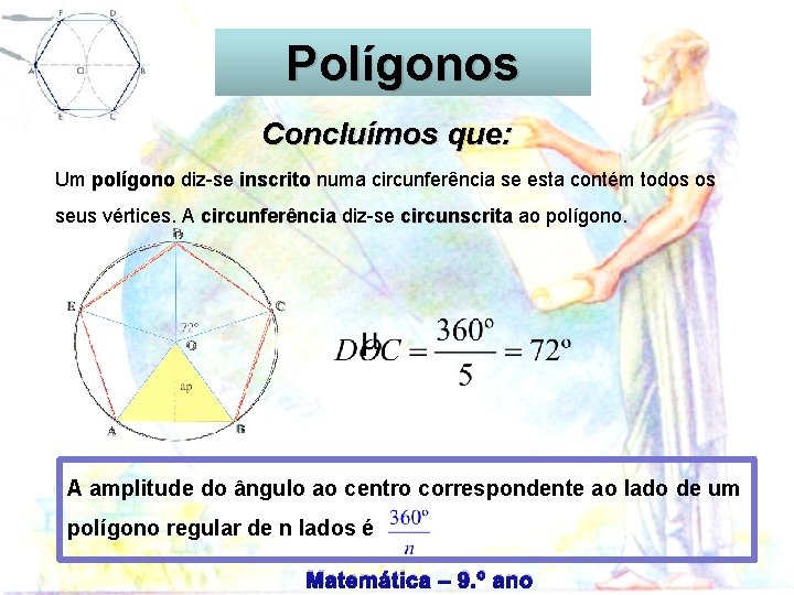 Circunferência Polígonos Concluímos que: Um polígono diz-se inscrito numa circunferência se esta contém todos