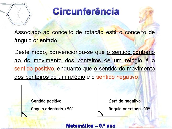 Circunferência Associado ao conceito de rotação está o conceito de ângulo orientado. Deste modo,