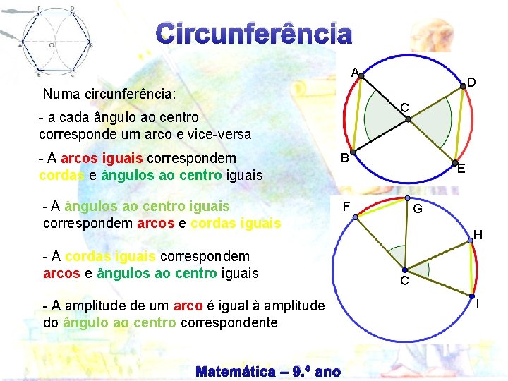 Circunferência A Numa circunferência: C - a cada ângulo ao centro corresponde um arco