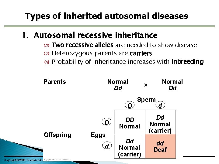 Types of inherited autosomal diseases 1. Autosomal recessive inheritance Two recessive alleles are needed