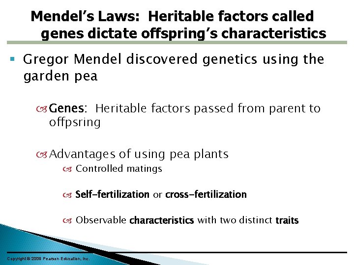 Mendel’s Laws: Heritable factors called genes dictate offspring’s characteristics Gregor Mendel discovered genetics using