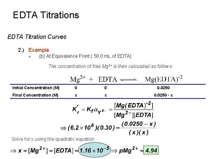 EDTA Titrations EDTA Titration Curves 2. ) Example Ø (b) At Equivalence Point (