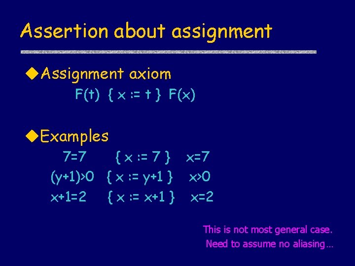Assertion about assignment u. Assignment axiom F(t) { x : = t } F(x)