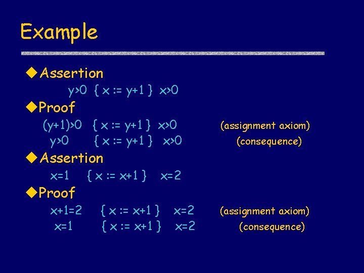 Example u. Assertion y>0 { x : = y+1 } x>0 u. Proof (y+1)>0