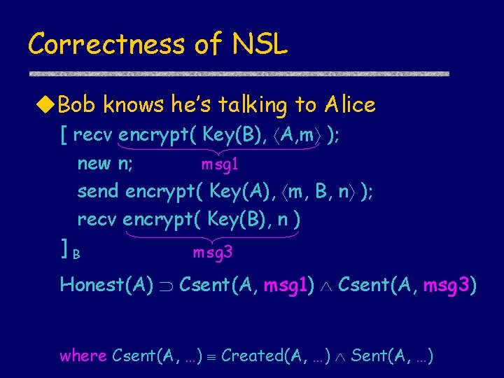 Correctness of NSL u. Bob knows he’s talking to Alice [ recv encrypt( Key(B),