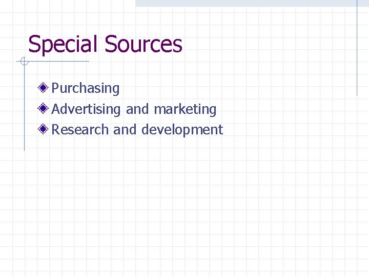 Special Sources Purchasing Advertising and marketing Research and development 