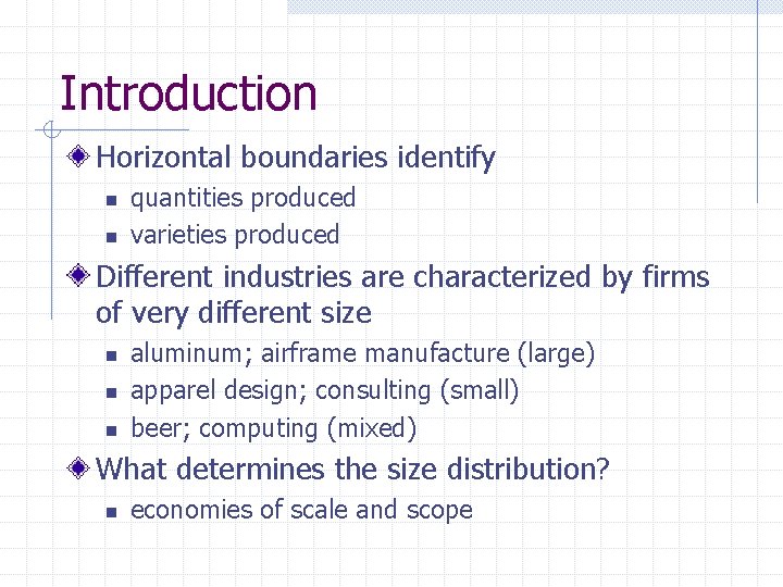 Introduction Horizontal boundaries identify n n quantities produced varieties produced Different industries are characterized