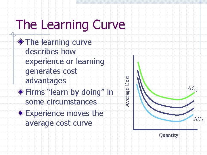 The learning curve describes how experience or learning generates cost advantages Firms “learn by