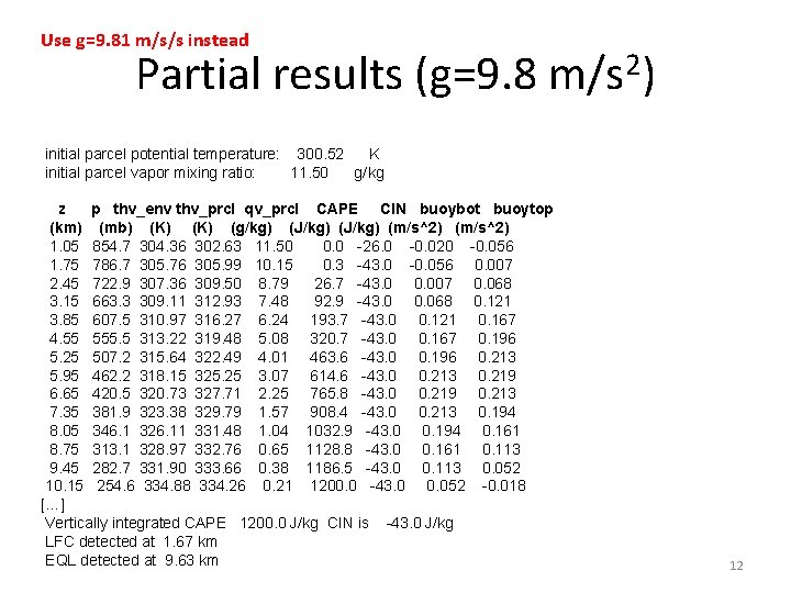 Use g=9. 81 m/s/s instead Partial results (g=9. 8 m/s 2) initial parcel potential