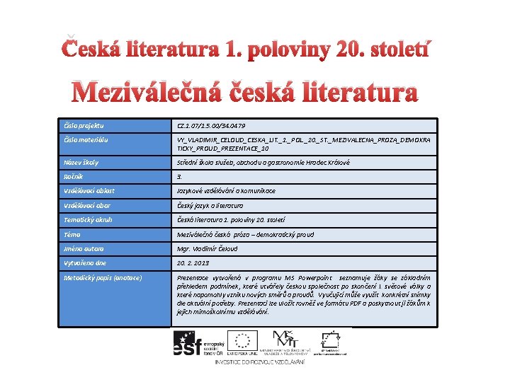 Česká literatura 1. poloviny 20. století Meziválečná česká literatura Číslo projektu CZ. 1. 07/1.