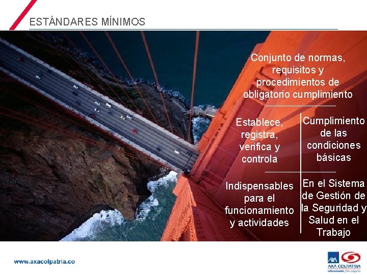 ESTÁNDARES MÍNIMOS Conjunto de normas, requisitos y procedimientos de obligatorio cumplimiento Establece, registra, verifica