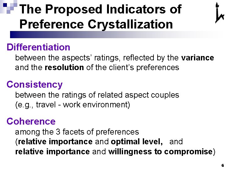 The Proposed Indicators of Preference Crystallization Differentiation between the aspects’ ratings, reflected by the The Proposed Indicators of Preference Crystallization Differentiation between the aspects’ ratings, reflected by the