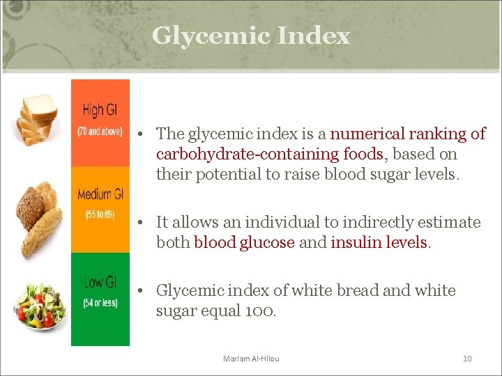 Glycemic Index • The glycemic index is a numerical ranking of carbohydrate-containing foods, based Glycemic Index • The glycemic index is a numerical ranking of carbohydrate-containing foods, based