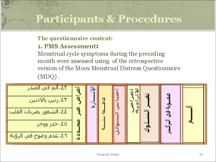 Participants & Procedures The questionnaire content: 1. PMS Assessment: Menstrual cycle symptoms during the Participants & Procedures The questionnaire content: 1. PMS Assessment: Menstrual cycle symptoms during the