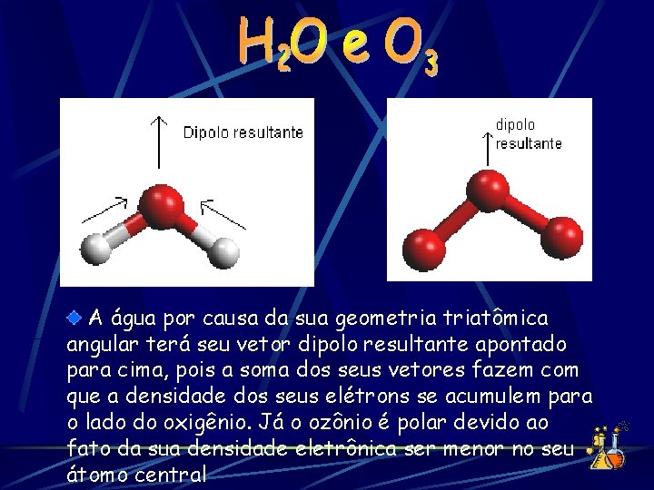 A água por causa da sua geometriatômica angular terá seu vetor dipolo resultante apontado