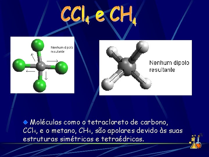 Moléculas como o tetracloreto de carbono, CCl 4, e o metano, CH 4, são