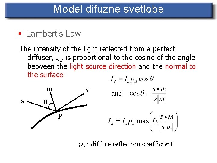 Model difuzne svetlobe § Lambert’s Law The intensity of the light reflected from a