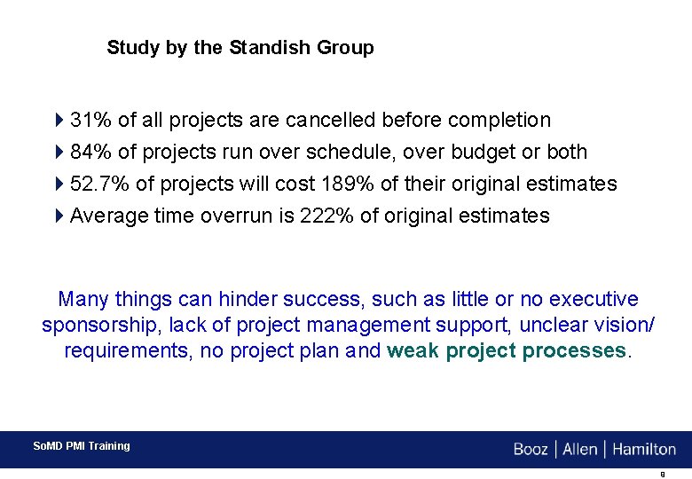 Study by the Standish Group 431% of all projects are cancelled before completion 484%